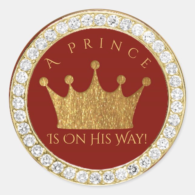Diamond Red Gold Crown Prince Baby Shower Favour Classic Round Sticker (Front)