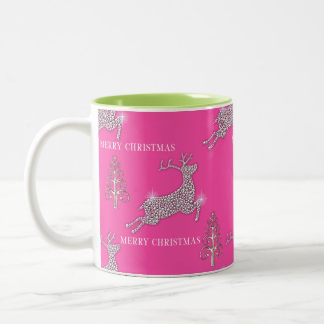 Diamond Reindeer and Silver Trees Christmas Two-Tone Coffee Mug (Left)