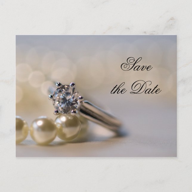Diamond Ring and Pearls Wedding Save the Date Announcement Postcard (Front)