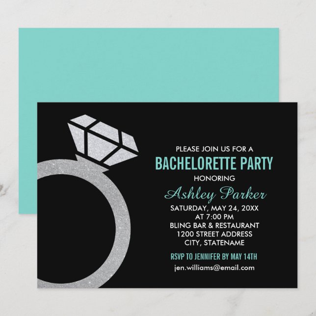 Diamond Ring Aqua Blue Wedding Bachelorette Party Invitation (Front/Back)