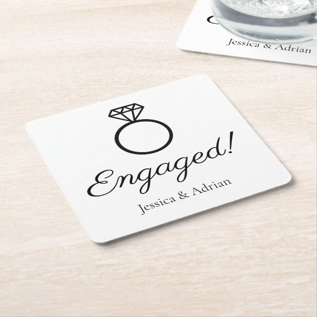 Diamond Ring Graphic Engaged Square Paper Coaster (Angled)