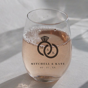 Diamond Ring Monogram Wedding Favour Stemless Wine Glass