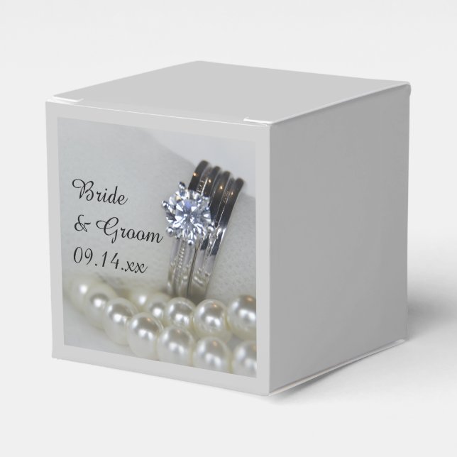 Diamond Rings and White Pearls Wedding Favor Box (Front Side)