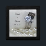 Diamond Rings and White Pearls Wedding Gift Box<br><div class="desc">Personalize the pretty Diamond Rings and White Pearls Wedding Gift Box with the names of the bride and groom and marriage ceremony date. This beautiful custom trinket box features a photograph of a white string of pearls necklace with a diamond engagement ring and wedding band set.</div>