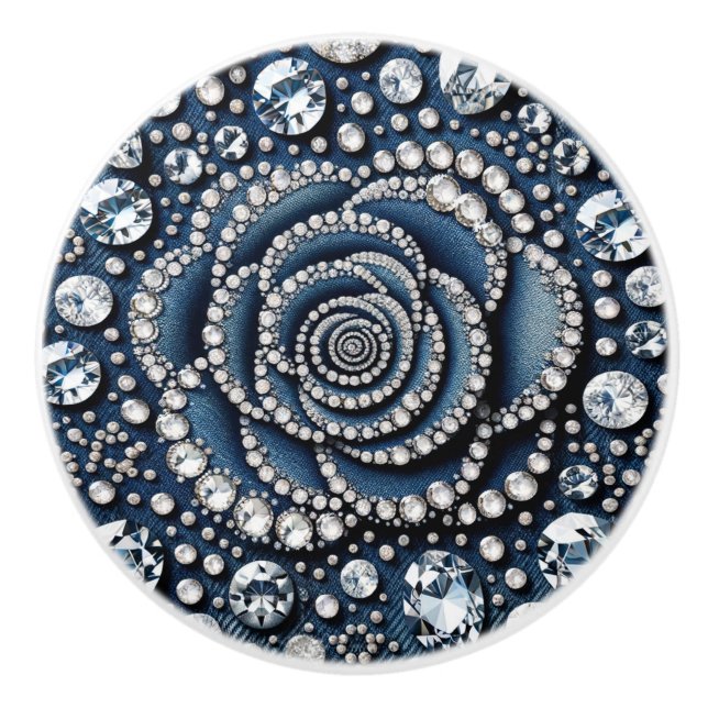 Diamond Rose & Denim Glam Bling Ceramic Knob (Front)