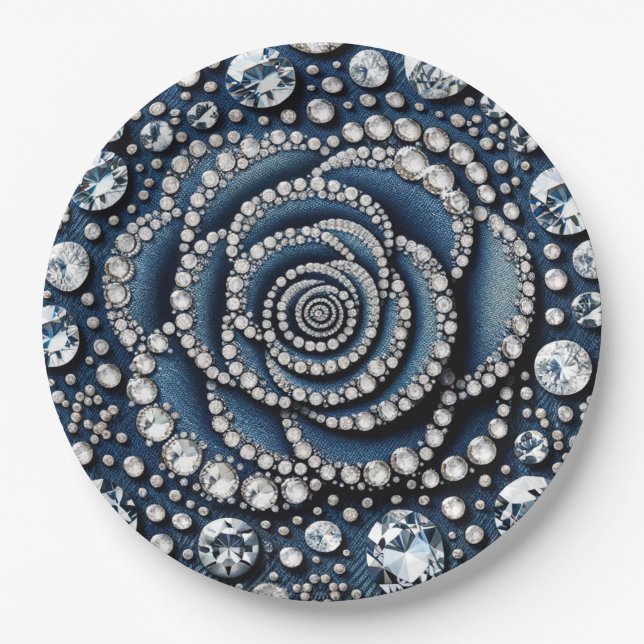 Diamond Rose & Denim Glam Sweet 16 Birthday Party Paper Plate (Front)