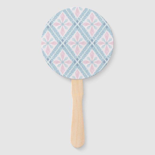 diamond shaped blue pattern hand fan (Front)