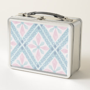 diamond shaped blue pattern metal lunch box