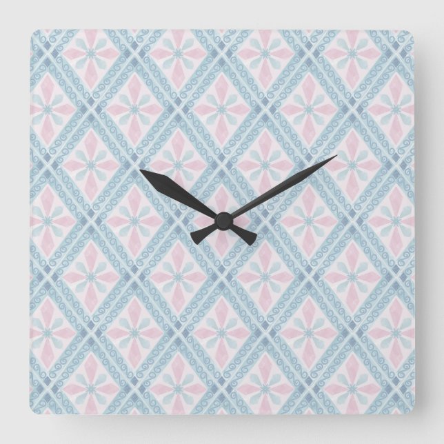 diamond shaped blue pattern square wall clock (Front)