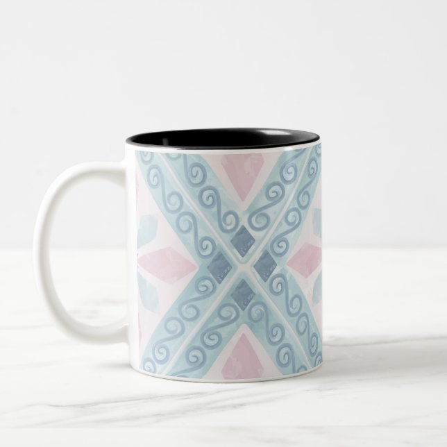 diamond shaped blue pattern Two-Tone coffee mug (Left)
