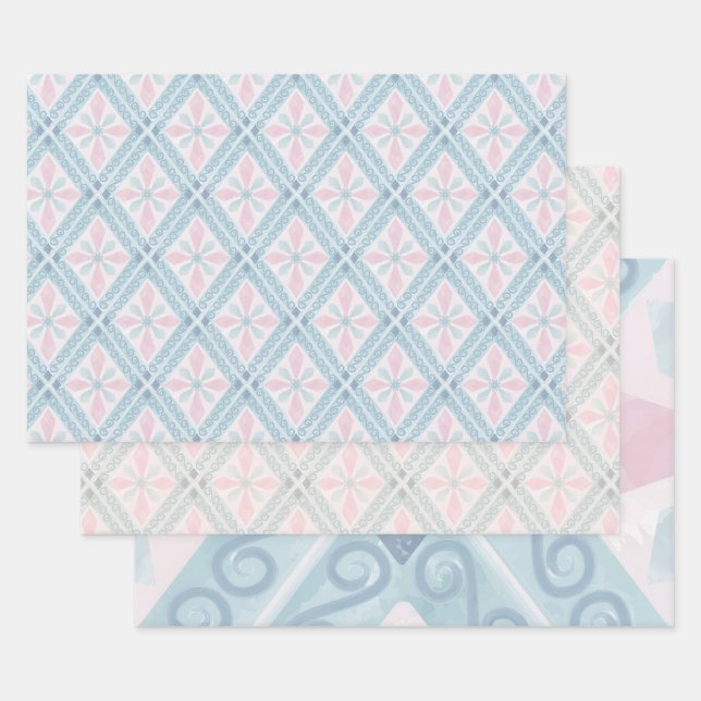diamond shaped blue pattern wrapping paper sheet (Set)