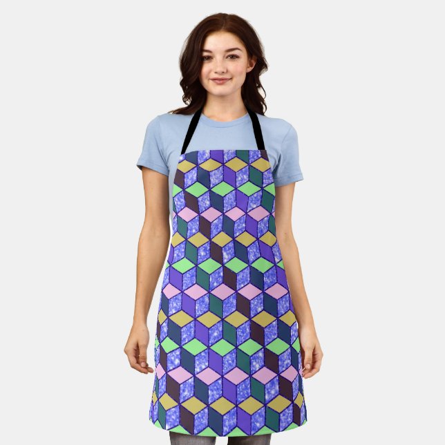 Diamond-Shaped Hexagon Blue Glitter Lined Apron (Worn)
