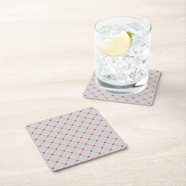 Diamond Shaped Red Heart & Line Art Square Paper Coaster (Insitu)