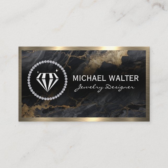 Diamond Shine | Black Marble | Gold Metallic Business Card (Front)