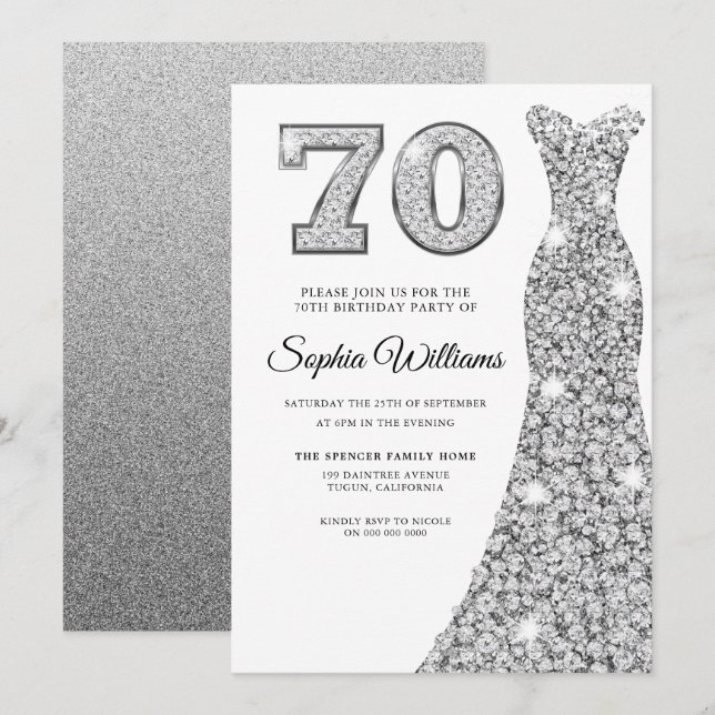 Diamond Silver Dress Womans 70th Birthday Party Invitation (Front/Back)