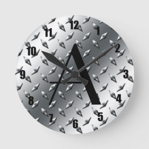 Diamond silver plate steel monogram round clock