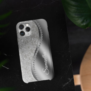 Diamond Simulated Monogram Silver Metal Bling iPhone 13 Pro Case