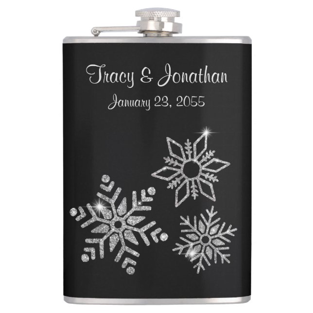 Diamond Snowflakes Wedding Hip Flask (Front)
