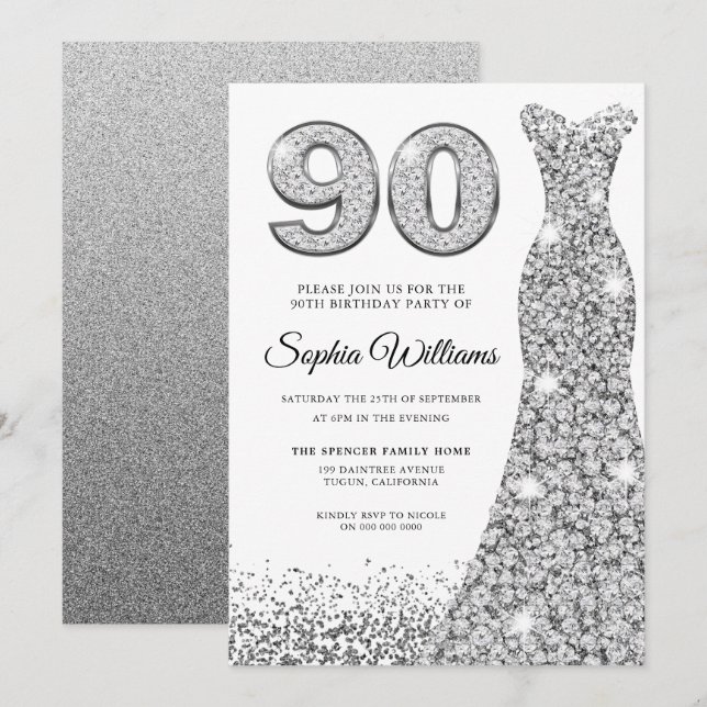 Diamond Sparkle Dress Womans 90th Birthday Party Invitation (Front/Back)