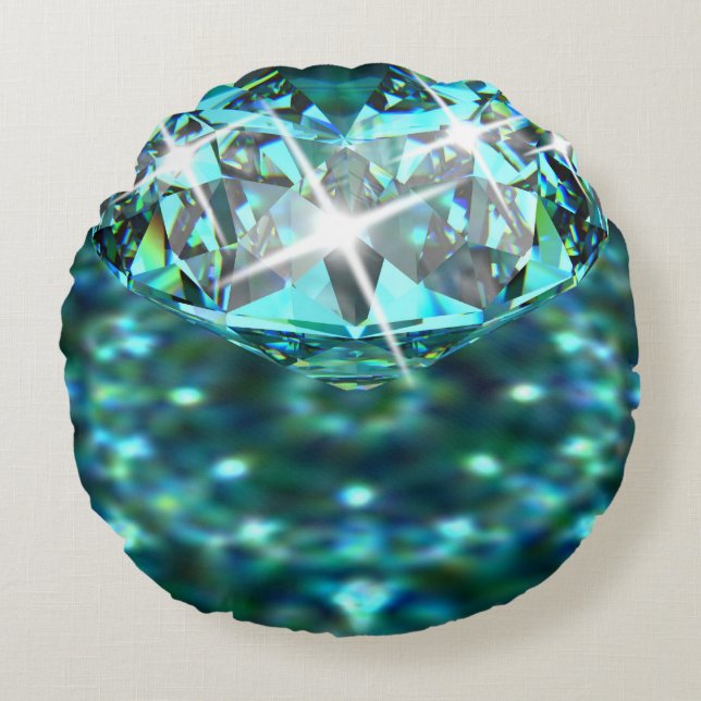 Diamond sparkle gemstone elegant teal black round pillow (Front)