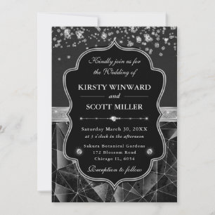 Diamond Sparkle Glamorous Black and Silver Wedding Invitation