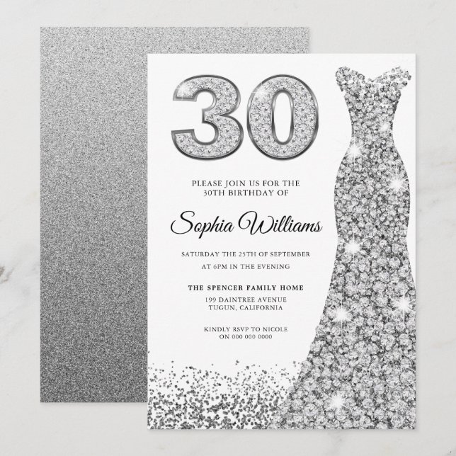 Diamond Sparkle Glitter Dress 30th Birthday Party Invitation (Front/Back)