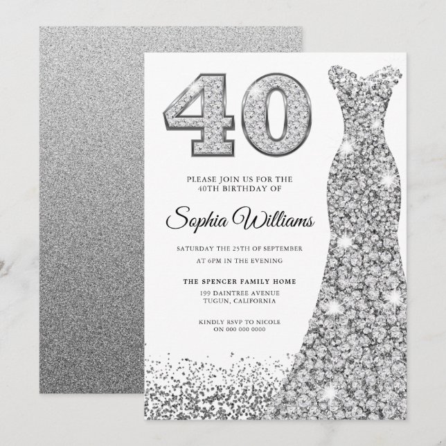 Diamond Sparkle Glitter Dress 40th Birthday Party Invitation (Front/Back)