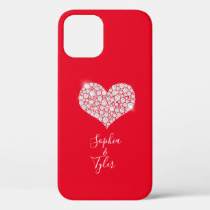 Diamond Sparkle Heart, White Script Names, Red iPhone 12 Case