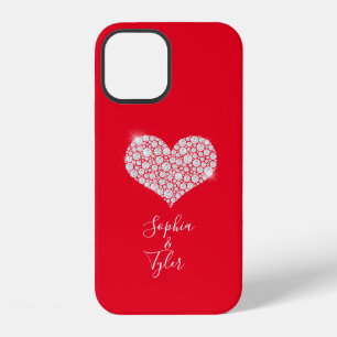 Diamond Sparkle Heart, White Script Names, Red iPhone 12 Case