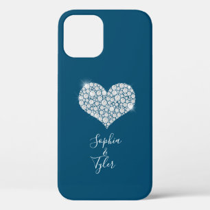 Diamond Sparkle Heart Wht Script Names, Ocean Blue iPhone 12 Case