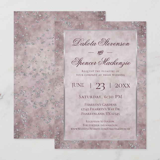 Diamond Sparkle | Mauve and Silver Glitter Wedding Invitation (Front/Back)
