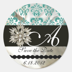 DIAMOND STAR WHITE BLUE SILK DAMASK MONOGRAM CLASSIC ROUND STICKER