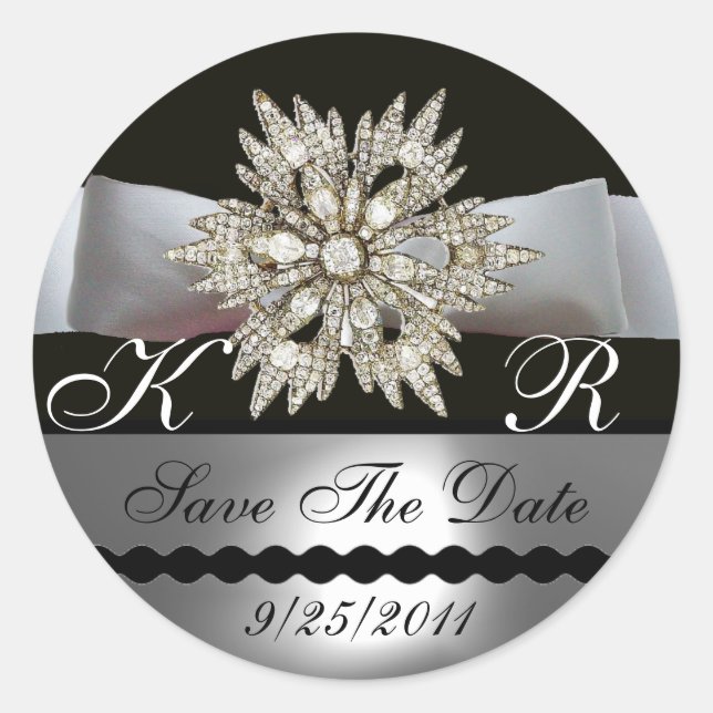DIAMOND STARS BLACK WHITE RIBBON MONOGRAM CLASSIC ROUND STICKER (Front)
