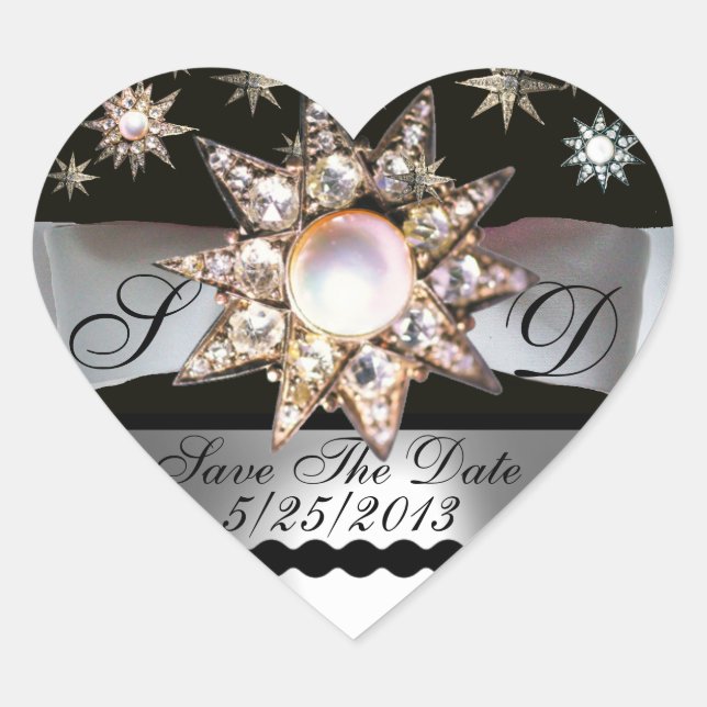 DIAMOND STARS BLACK WHITE RIBBON MONOGRAM HEART HEART STICKER (Front)