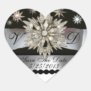 DIAMOND STARS BLACK WHITE RIBBON MONOGRAM HEART STICKER
