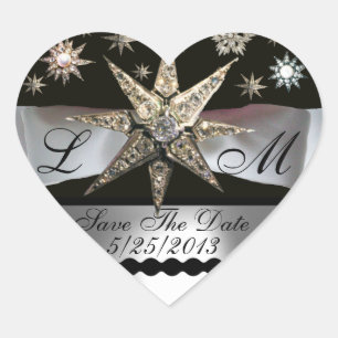 DIAMOND STARS BLACK WHITE RIBBON MONOGRAM HEART STICKER