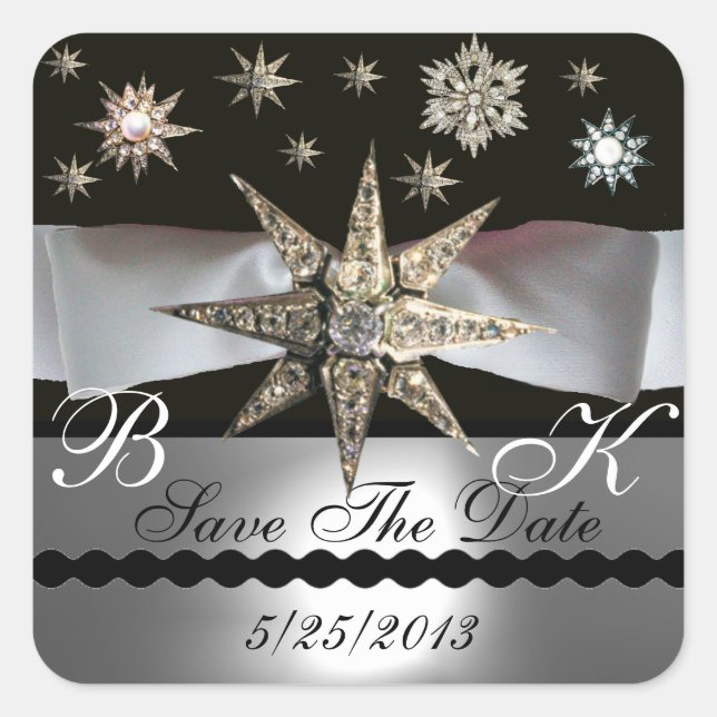 DIAMOND STARS BLACK WHITE RIBBON MONOGRAM SQUARE STICKER (Front)