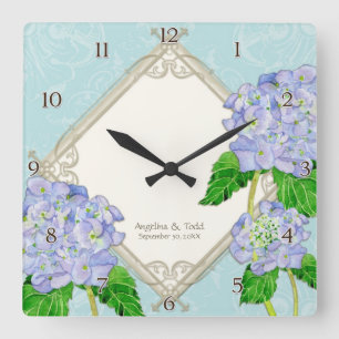 Diamond Swirl Blue Hydrangea Wedding Anniversary Square Wall Clock