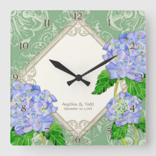 Diamond Swirl Blue Hydrangea Wedding Anniversary Square Wall Clock