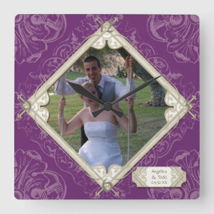 Diamond Swirl Flourish Typography Wedding Photo Square Wall Clock
