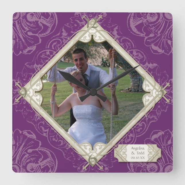 Diamond Swirl Flourish Typography Wedding Photo Square Wall Clock (Front)