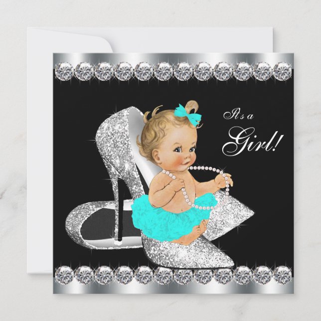 Diamond Teal Blue Black Breakfast Baby Shower Invitation (Front)