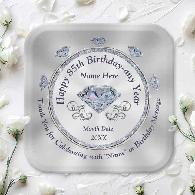 Diamond themed, 85th Birthday Plates, Personalized Paper Plate (85th birthday plates. Diamond paper plates in 2 sizes and 2 shapes. 85th birthday party ideas, mom.)