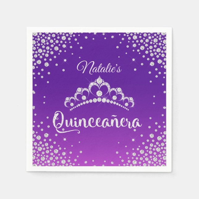 Diamond Tiara Crown Personalized Quinceanera Napkin (Front)