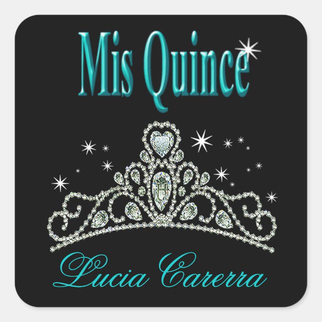Diamond Tiara Quinceañera (black/aqua) Party Square Sticker (Front)