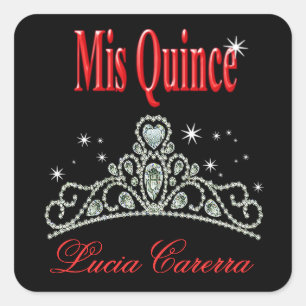 Diamond Tiara Quinceañera (black/red) Party Square Sticker