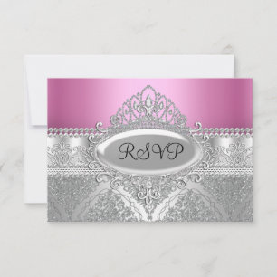 Diamond Tiara & Silver Damask Pink RSVP Card
