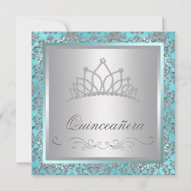 Diamond Tiara Teal Blue Damask Teal Blue Quinceane Invitation (Front)