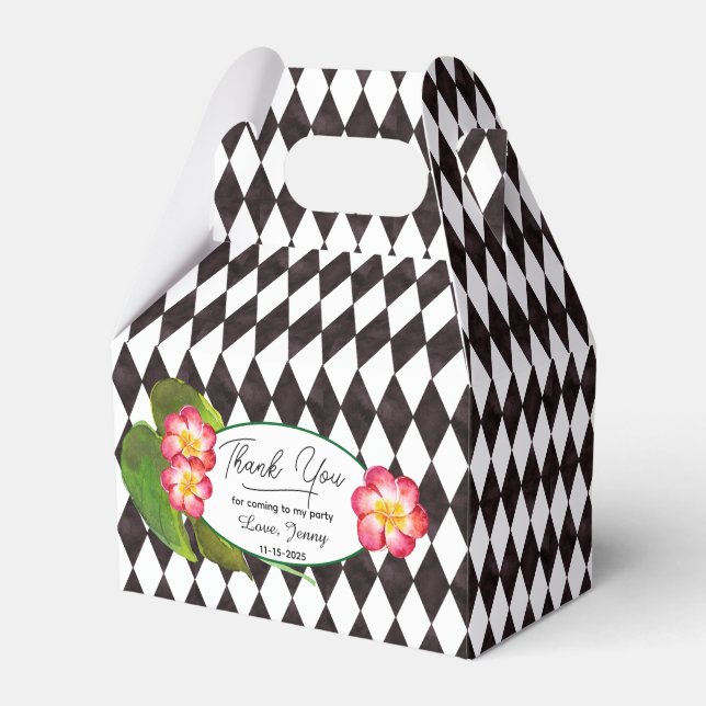 Diamond Tile Black and White with Tropical Flowers Favor Box (Front Side)