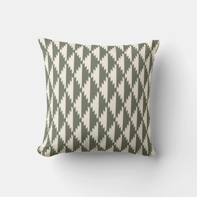 Diamond Tribal Pattern Sage and Cream Throw Pillow (Front)